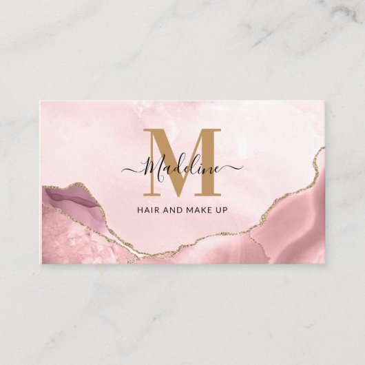 Blush Pink Gold Glitzer Agate Marble Monogram Visitenkarte (Vorderseite)