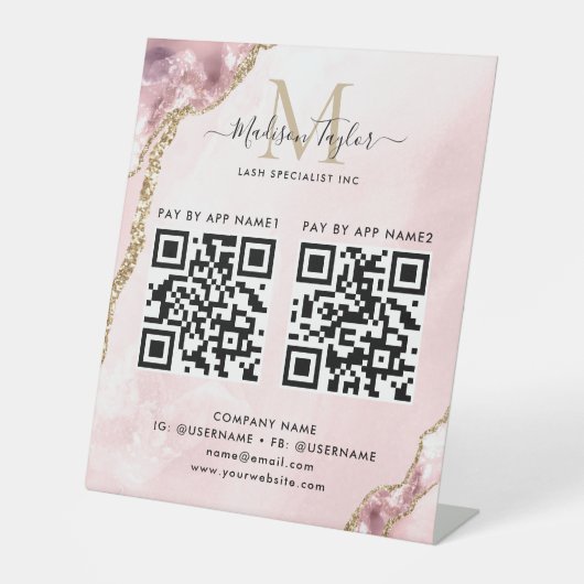 Blush Pink Gold Glitzer Agate Monogram Scan to Pay Sockelschild (Vorderseite)