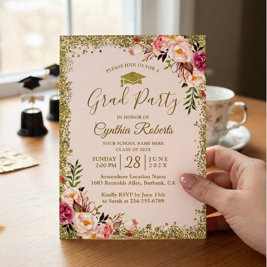 Blush Pink Gold Glitzer Bloral Graduation Party Einladung