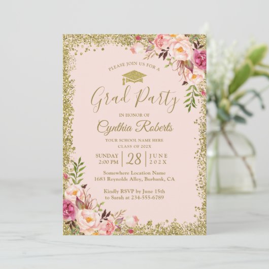 Blush Pink Gold Glitzer Bloral Graduation Party Einladung (Stehend Vorderseite)