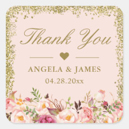 Blush Pink Gold Glitzer Blumenzange Vielen Dank Quadratischer Aufkleber