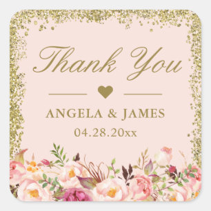 Blush Pink Gold Glitzer Blumenzange Vielen Dank Quadratischer Aufkleber