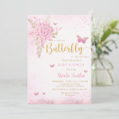 Blush Pink Gold Glitzer Butterfly Girl Babydusche Einladung (Stehend Vorderseite)