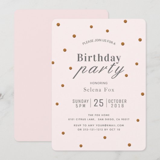 Blush Pink & Gold Glitzer Dots Geburtstag Einladun Einladung (Vorne/Hinten)
