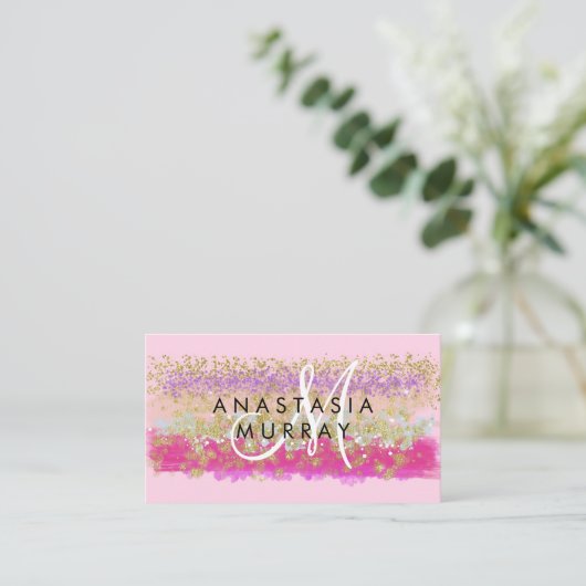 Blush Pink & Gold Glitzer Farbige weiße Monogramm Visitenkarte (Stehend Vorderseite)