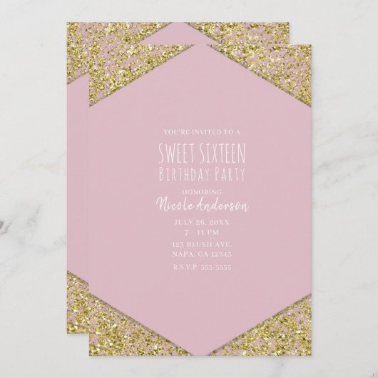 Blush Pink Gold Glitzer Flakes Glam Sweet 16 Party Einladung (Vorne/Hinten)