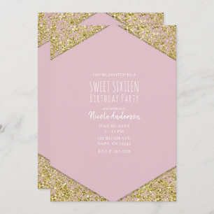 Blush Pink Gold Glitzer Flakes Glam Sweet 16 Party Einladung