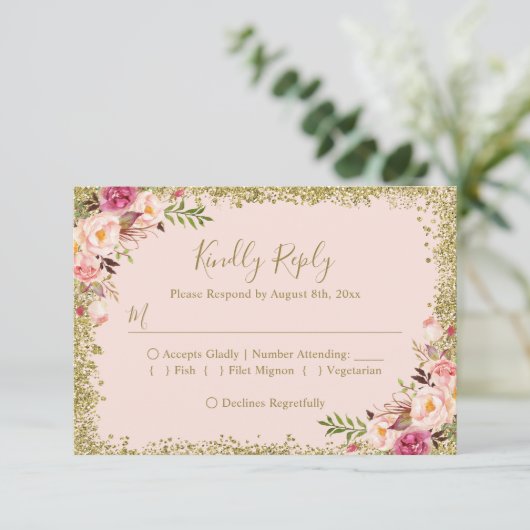 Blush Pink Gold Glitzer Floral UAWG Reply RSVP Karte (Stehend Vorderseite)