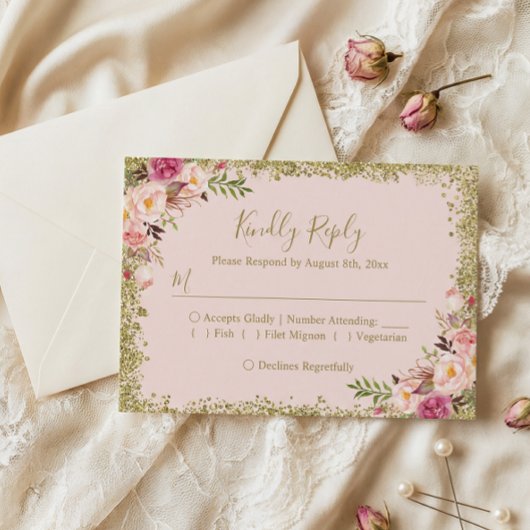 Blush Pink Gold Glitzer Floral UAWG Reply RSVP Karte