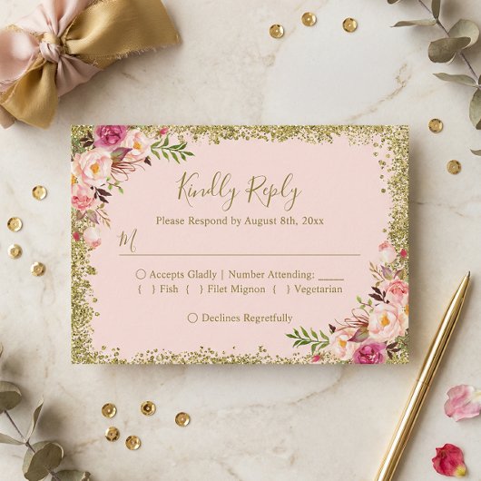 Blush Pink Gold Glitzer Floral UAWG Reply RSVP Karte