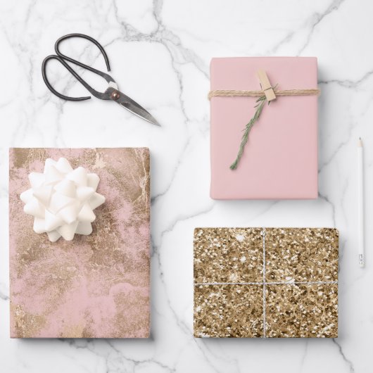 Blush Pink Gold Glitzer Glam Geschenkpapier Set (Vorderseite)