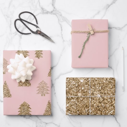 Blush Pink Gold Glitzer Glam Weihnachtsbaumen Geschenkpapier Set (Vorderseite)