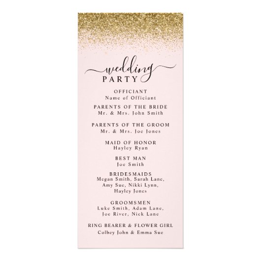 Blush Pink & Gold Glitzer Hochzeitsprogramm Werbekarte (Hinten)