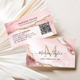 Blush Pink Gold Glitzer Marbour Agate Monogram QR Visitenkarte