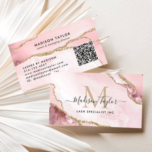 Blush Pink Gold Glitzer Marbour Agate Monogram QR Visitenkarte