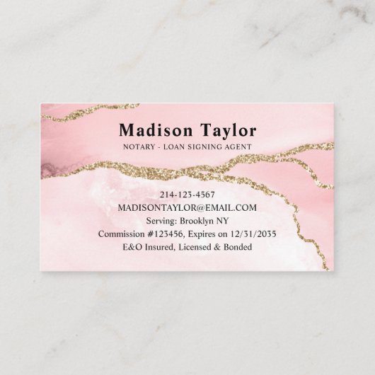 Blush Pink Gold Glitzer Marmor Agate Öffentliche P Visitenkarte (Rückseite)