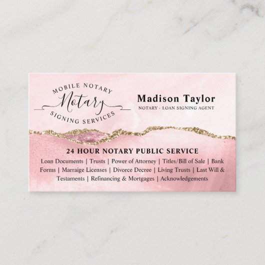 Blush Pink Gold Glitzer Marmor Agate Öffentliche P Visitenkarte (Vorderseite)