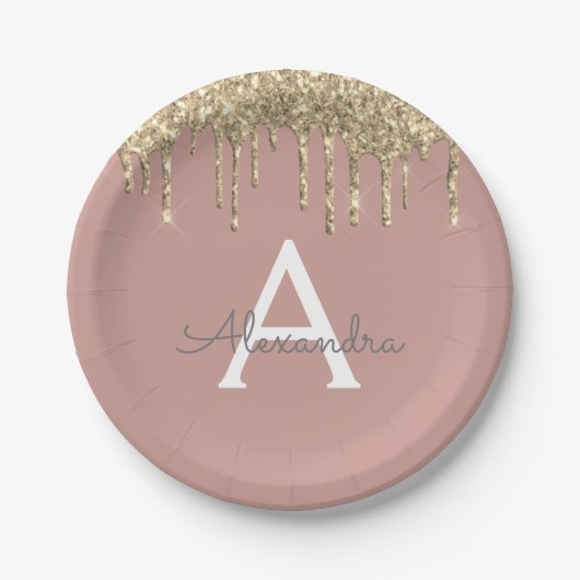 Blush Pink - Gold Glitzer Monogram Birthday Pappteller (Vorderseite)