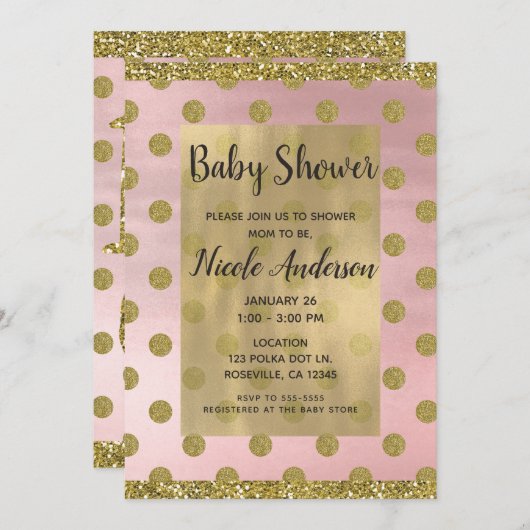 Blush Pink & Gold Glitzer Polka Dots Babydusche Einladung (Vorne/Hinten)
