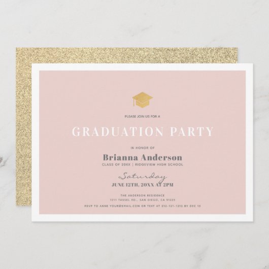 Blush Pink Gold Glitzer Simple Graduation Party Einladung (Vorne/Hinten)