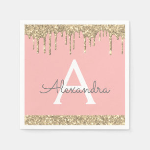 Blush Pink Gold Glitzer Sparkone Monogram Birthday Serviette