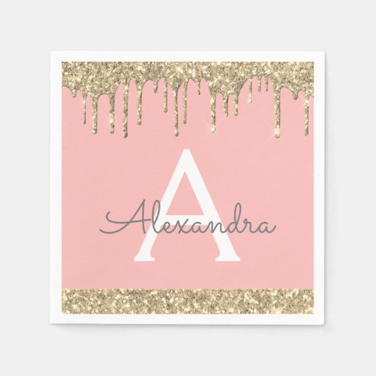 Blush Pink Gold Glitzer Sparkone Monogram Birthday Serviette (Vorderseite)