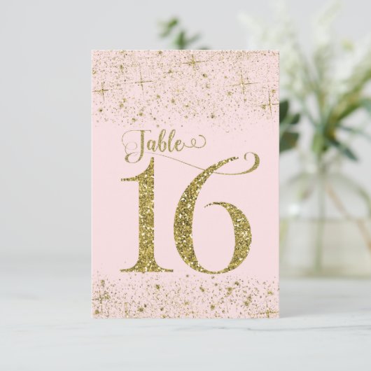 Blush Pink Gold Glitzer Tischnummern Nummer 16 (Stehend Vorderseite)
