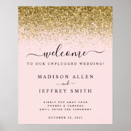 Blush Pink Gold Glitzer Unplugged Wedding Welcome Poster