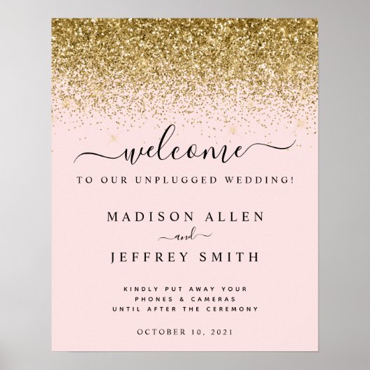 Blush Pink Gold Glitzer Unplugged Wedding Welcome Poster (Vorne)