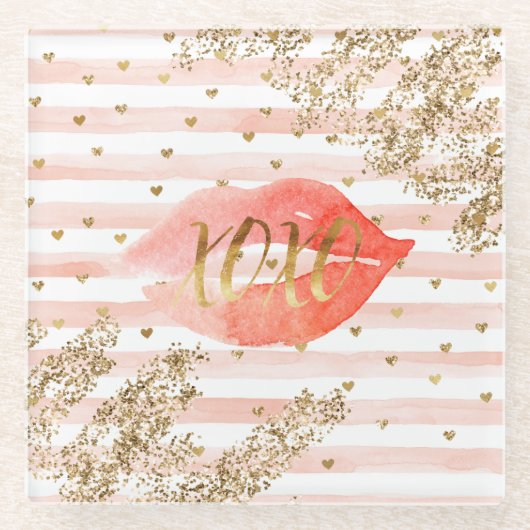 Blush Pink Gold Hearts XOXO Glitzer Lips Glasuntersetzer (Vorderseite)