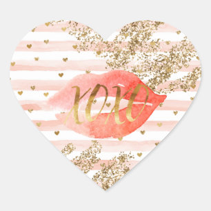 Blush Pink Gold Hearts XOXO Glitzer Lips Herz-Aufkleber
