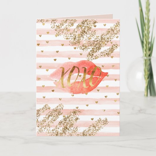 Blush Pink Gold Hearts XOXO Glitzer Lips Karte (Vorderseite)