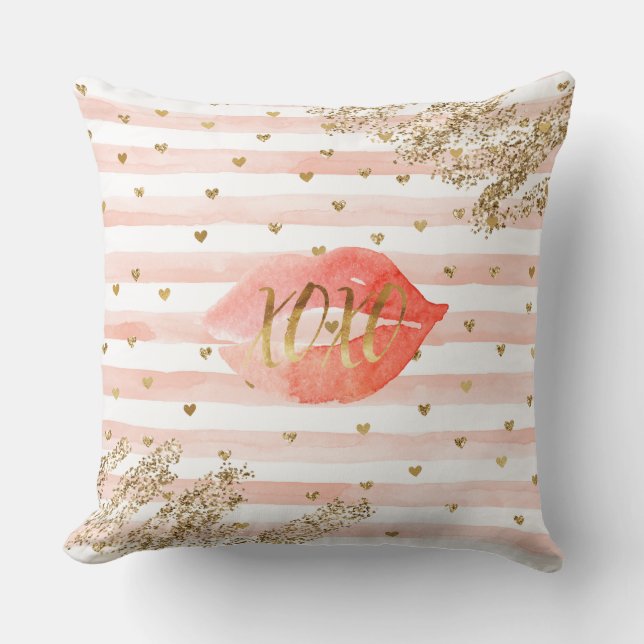 Blush Pink Gold Hearts XOXO Glitzer Lips Kissen (Vorderseite)