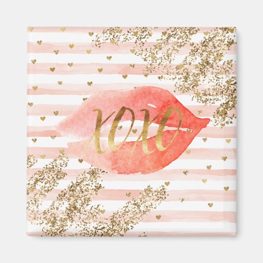 Blush Pink Gold Hearts XOXO Glitzer Lips Magnet (Vorne)