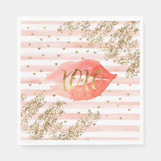 Blush Pink Gold Hearts XOXO Glitzer Lips Serviette (Vorderseite)