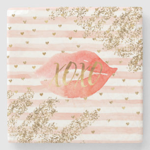 Blush Pink Gold Hearts XOXO Glitzer Lips Steinuntersetzer