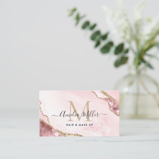 Blush Pink Gold Marmor Agate Haair Makeup Monogram Visitenkarte (Stehend Vorderseite)
