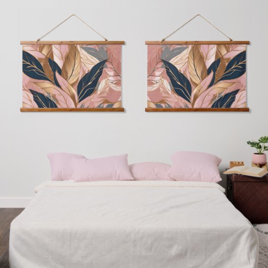 Blush Pink Gold Moderne Boho Blätter Collection Wandteppich Mit Holzrahmen (Schlafzimmer)