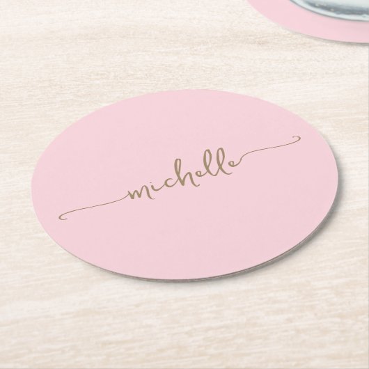Blush Pink Gold Monogram Name Script Signatur Runder Pappuntersetzer (Angewinkelt)