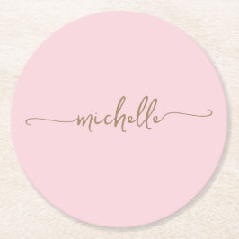 Blush Pink Gold Monogram Name Script Signatur Runder Pappuntersetzer