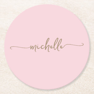 Blush Pink Gold Monogram Name Script Signatur Runder Pappuntersetzer