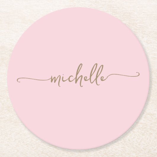 Blush Pink Gold Monogram Name Script Signatur Runder Pappuntersetzer (Vorderseite)