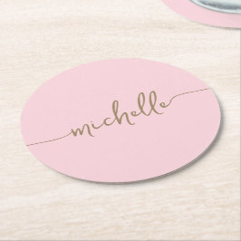 Blush Pink Gold Monogram Name Script Signatur Runder Pappuntersetzer