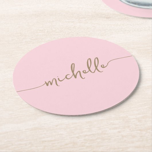 Blush Pink Gold Monogram Name Script Signatur Runder Pappuntersetzer (Angewinkelt)