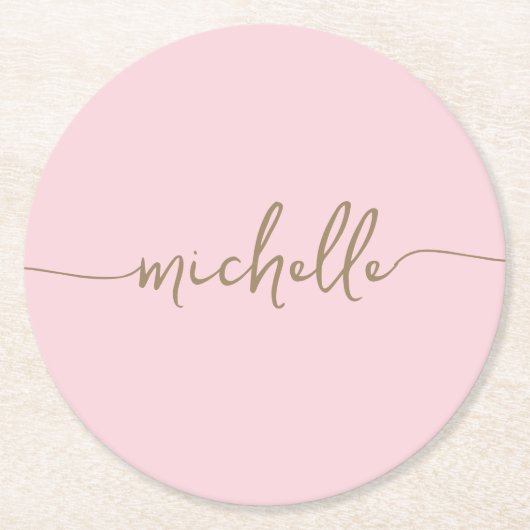 Blush Pink Gold Monogram Name Script Signatur Runder Pappuntersetzer (Vorderseite)
