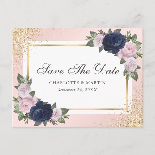 Blush Pink Gold Navy Blue Floral Wedding Ankündigungspostkarte (Vorderseite)