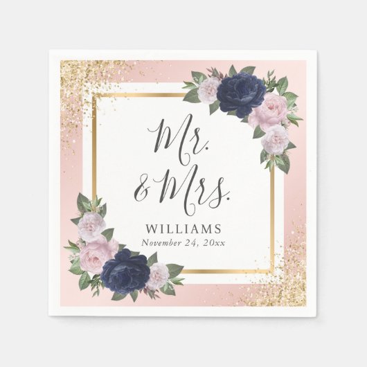 Blush Pink Gold Navy Blue Floral Wedding Serviette (Vorderseite)