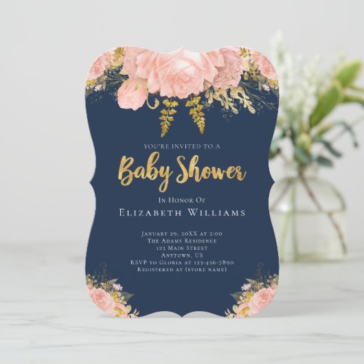Blush Pink Gold Navy Blue Flower Girl Baby Dusche Einladung (Stehend Vorderseite)