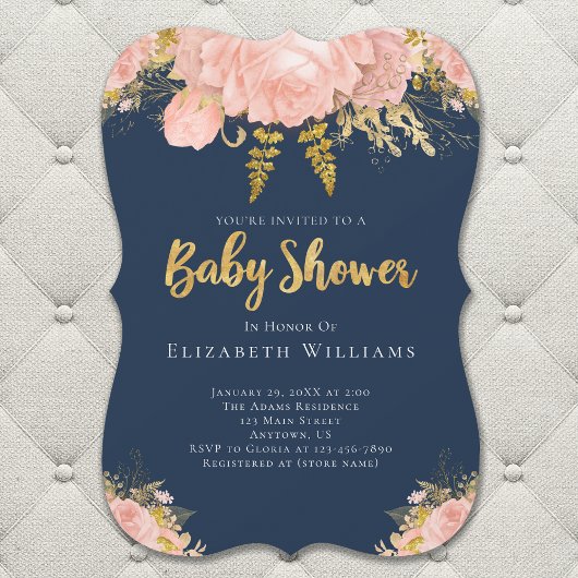 Blush Pink Gold Navy Blue Flower Girl Baby Dusche Einladung