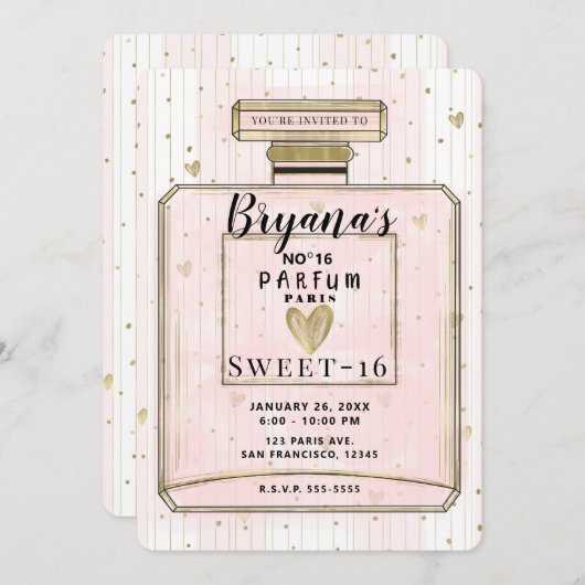 Blush Pink & Gold Parfum Sweet 16 Geburtstag Einladung (Vorne/Hinten)